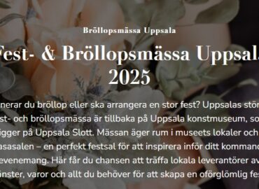 En stämningsfull bild från Fest- & Bröllopsmässan i Uppsala 2025, med eleganta dekorationsdetaljer och besökare som minglar i Vasasalen på Uppsala Slott.