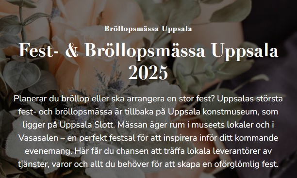 En stämningsfull bild från Fest- & Bröllopsmässan i Uppsala 2025, med eleganta dekorationsdetaljer och besökare som minglar i Vasasalen på Uppsala Slott.