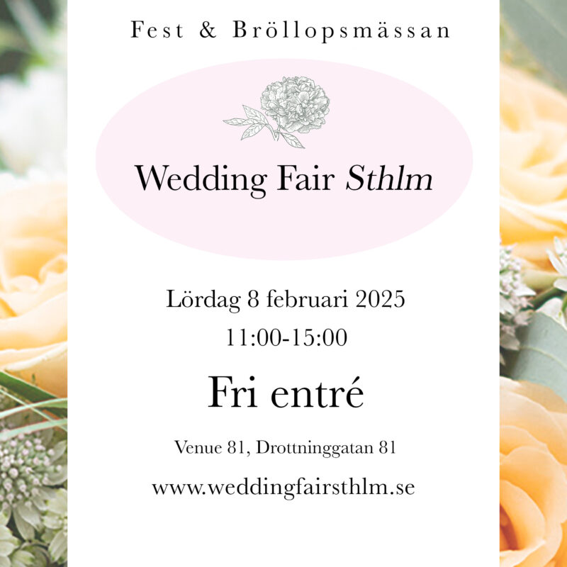 Elegant utställningshall på Wedding Fair Sthlm 2025 med besökare som minglar bland florister, fotografer och andra bröllopsleverantörer på Venue81 i Stockholm.