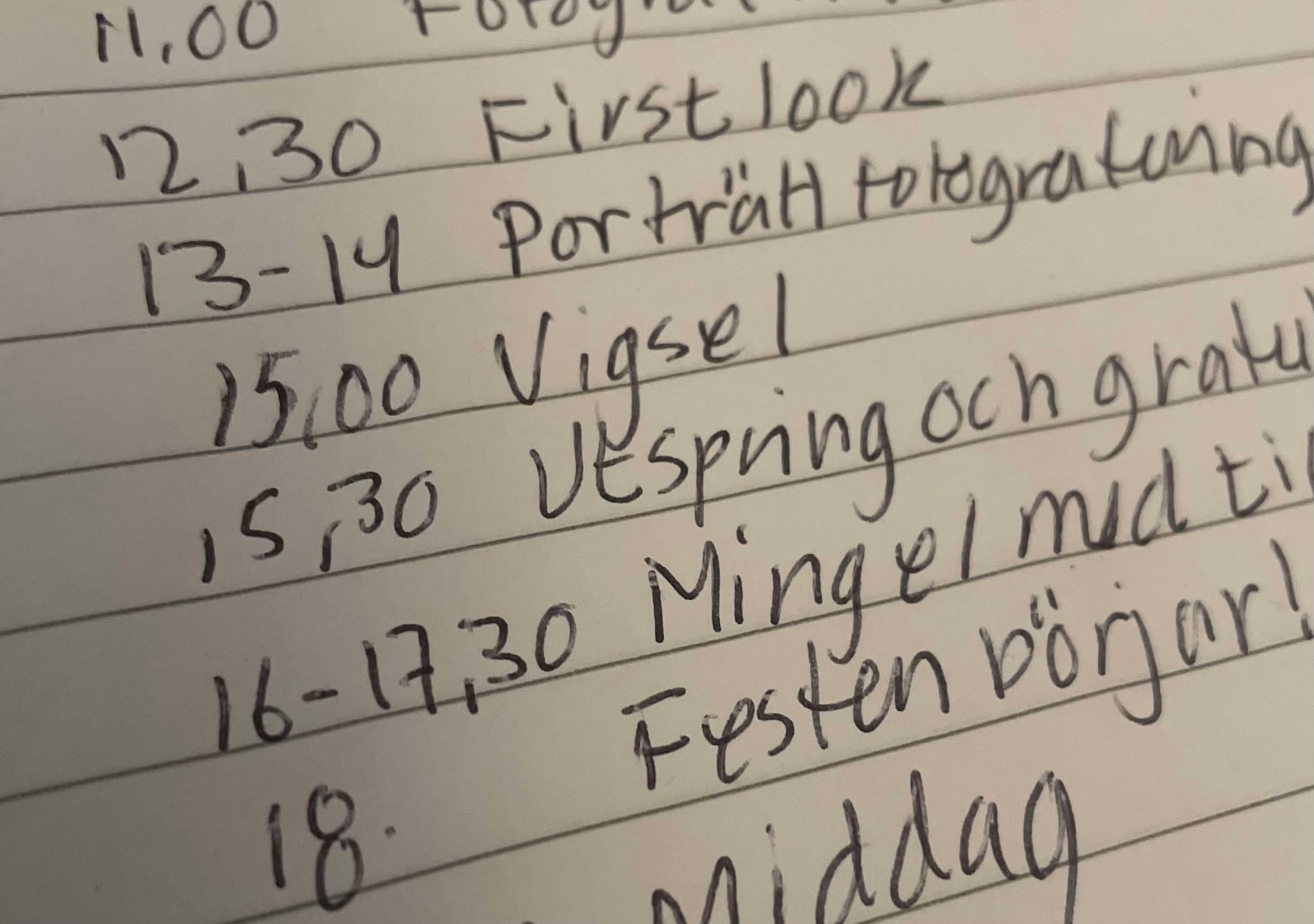 "Ett detaljerat körschema för en bröllopsdag, inklusive förberedelser på morgonen, vigselceremoni på eftermiddagen, middag och tal på kvällen, samt fest och dans under natten.