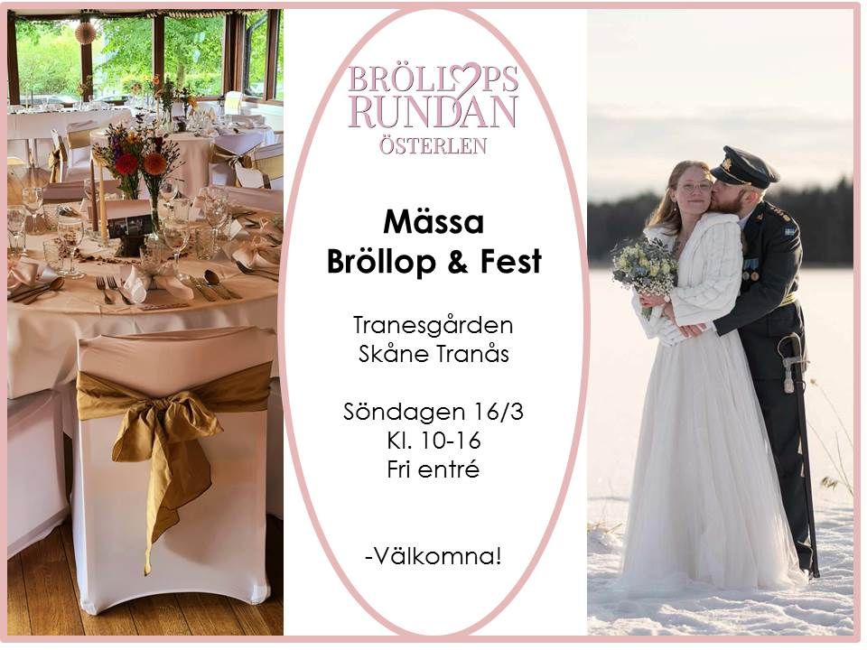 Bröllopsmässa på Österlen – Söndag 16 mars 2025 Drömmer du om det perfekta bröllopet? Besök Bröllopsmässan på Österlen och låt dig inspireras! 📍 Plats: Tranesgården, Skåne Tranås ⏰ Tid: Kl. 10.00–16.00 🎟 Fri entré Välkommen att träffa bröllopsexperter, upptäcka trender och hitta allt du behöver för din stora dag! 💍